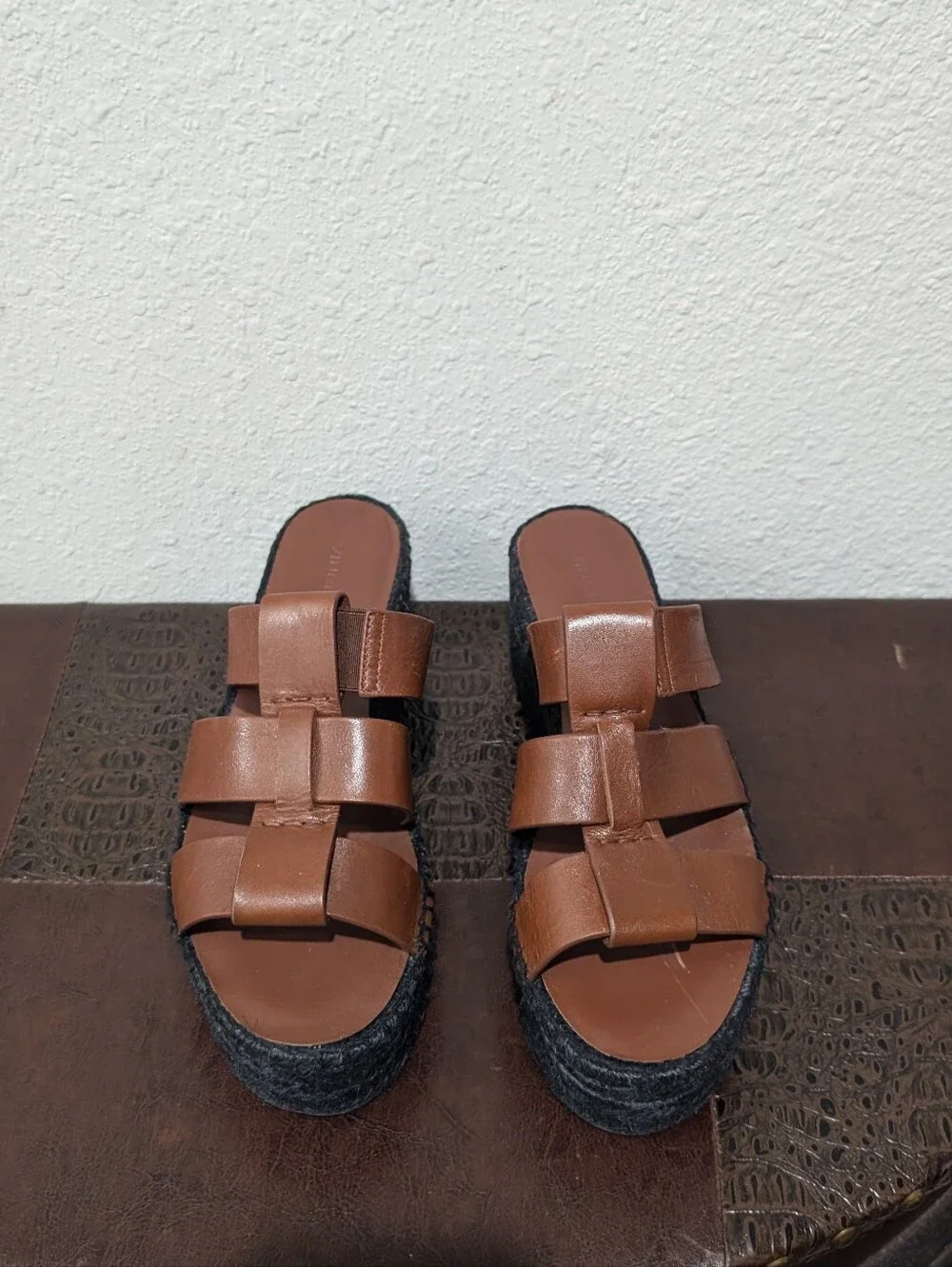 Vince Mahogany Leather Espadrille Platform Wedge Slide Sandals - Size 9M